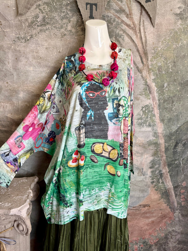 Burnout one size tunic top with whimsical tea party print in green, pink and black with colorful knotted necklace - 3