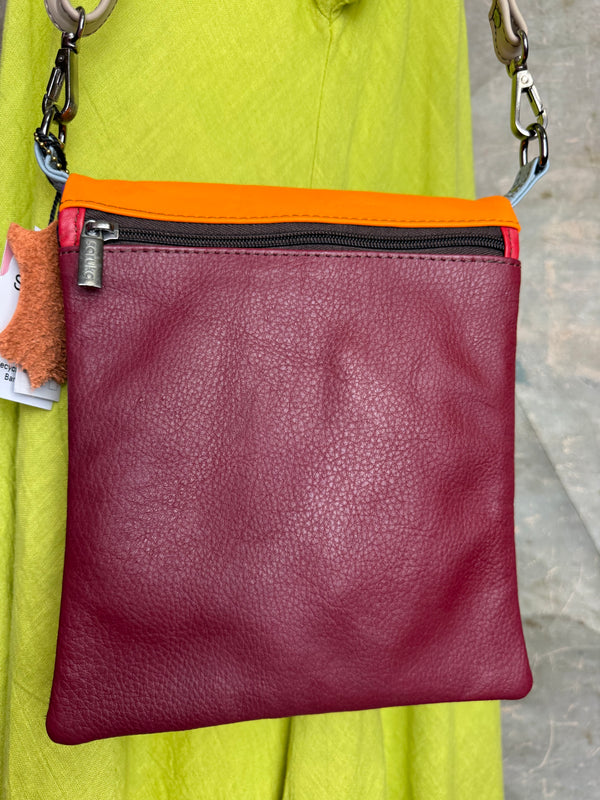 Soruka burgundy leather crossbody bag with orange trim and silver zipper, colorblock mini purse with chain strap - 18