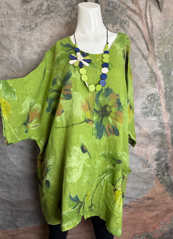 91225 Flower Garden Linen Top-Kiwi