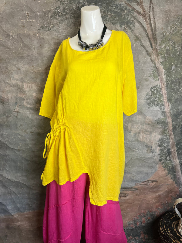 30336 Rusched Uneven Hem Top-Yellow