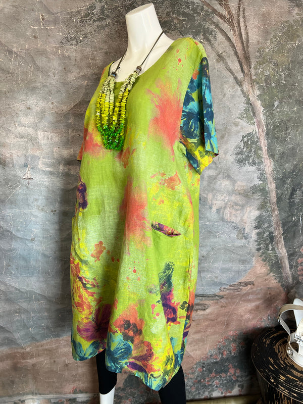 90847 Linen Paint Dress-KIWI