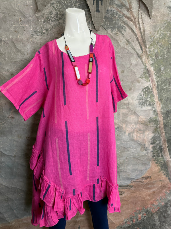 91307S Ruffle Stripe Tunic-Fuchsia