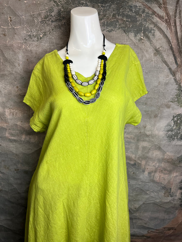 30638 Linen V-neck Flare Dress-Moss Green