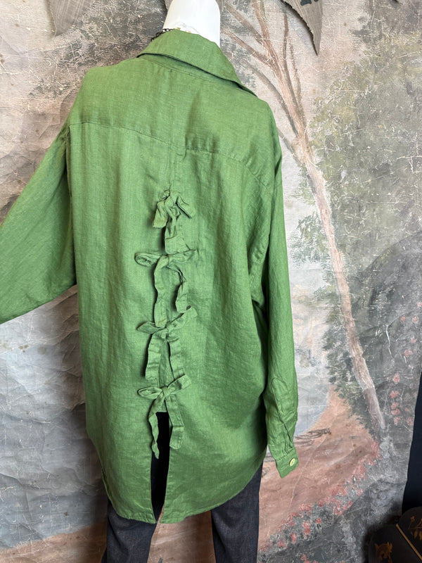 5021 Bettys Linen BF Bow Shirt-Dark Green