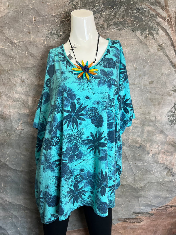 ID715 Floral Elbow Tunic Tshirt-Azure