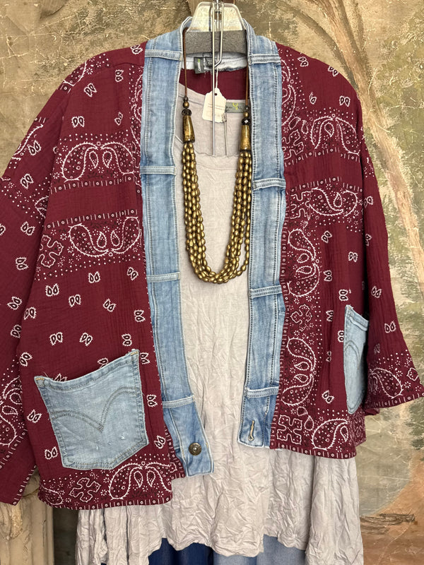 Burgundy bandana print short kimono with denim pocket accents, layered over white top and blue denim skirt with bead nec - 6