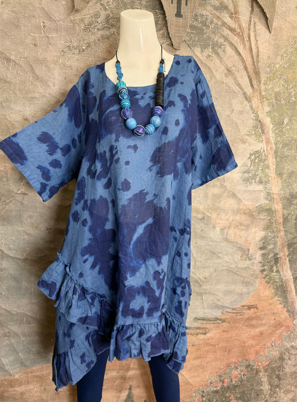 91307T-62 Ruffle Tie-Dye Tunic-Blue