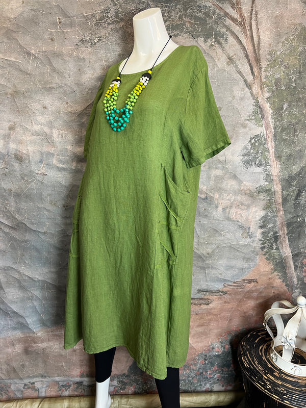 31173GN Linen Tape Accent Dress-Kiwi