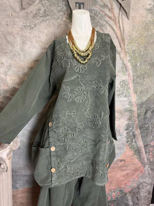 91983A-62 Buttoned Stitch Tunic-Olive