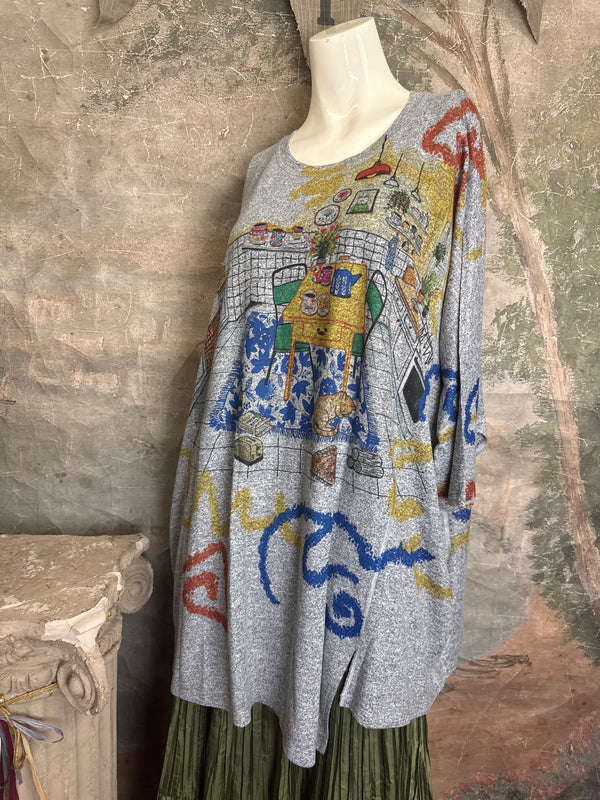 Gray oversized crew pullover sweater with colorful Nona's Kitchen interior scene print and abstract brushstroke details - 6