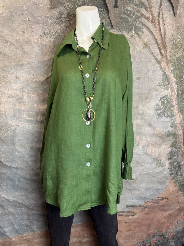 5021 Bettys Linen BF Bow Shirt-Dark Green