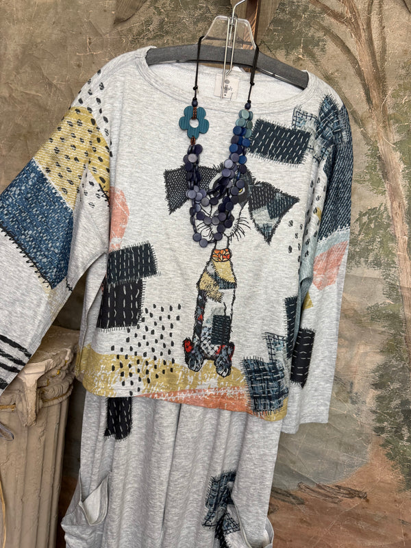 T434F Dolman Sleeve Crewneck Top Mister Patches gray abstract patchwork cat print with blue beaded necklace - 3