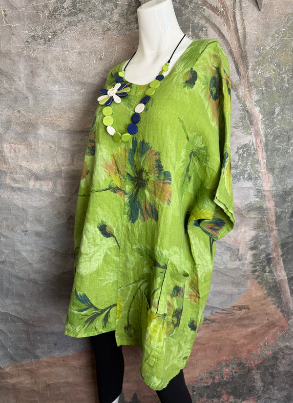 91225 Flower Garden Linen Top-Kiwi