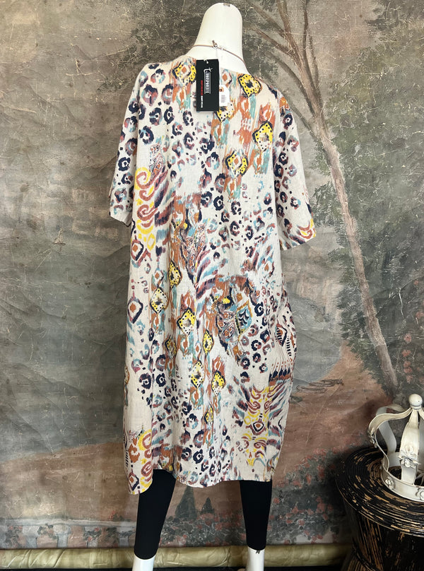 90847 Print Linen Dress-Beige