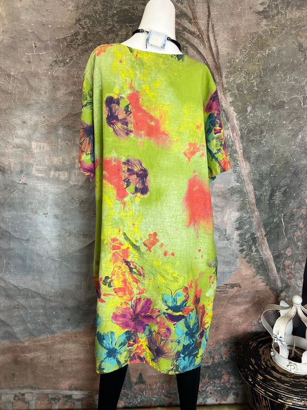 90847 Linen Paint Dress-KIWI
