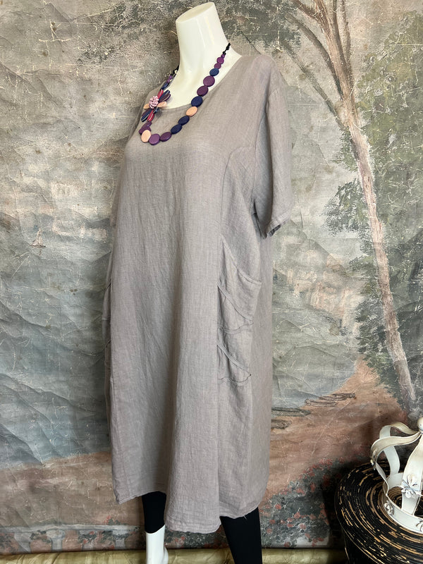 31173GN Linen Tape Accent Dress-Taupe
