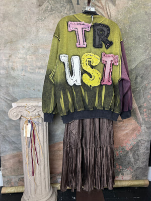 Sequin R&L patch bomber jacket in purple and yellow-green ombre with floral accents, styled with tiered maxi skirt - 2