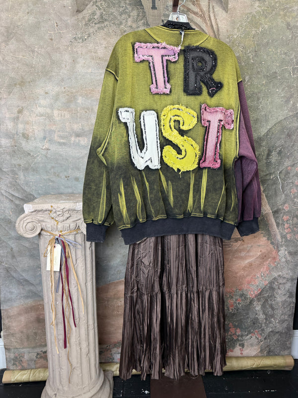 Sequin R&L patch bomber jacket in purple and yellow-green ombre with floral accents, styled with tiered maxi skirt - 2