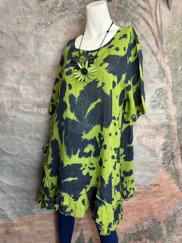 91307T-62 Ruffle Tie-Dye Tunic-Kiwi