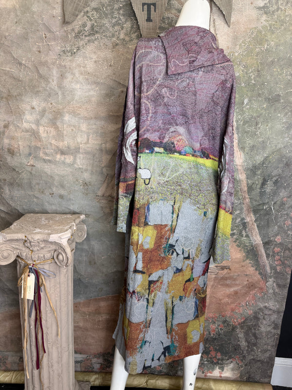 D540 Waffle Knit Cowlneck Dress in colorful abstract cat print with long sleeves and midi length - 19
