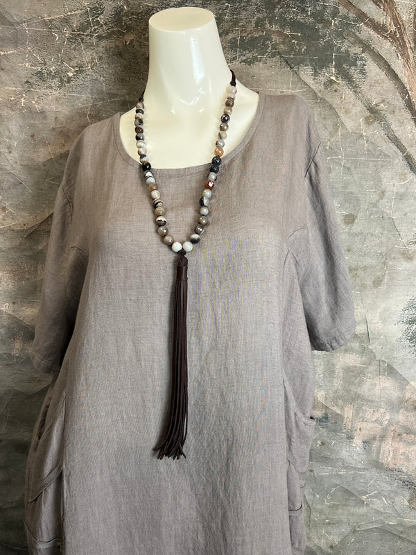 31173GN Linen Tape Accent Dress-Taupe