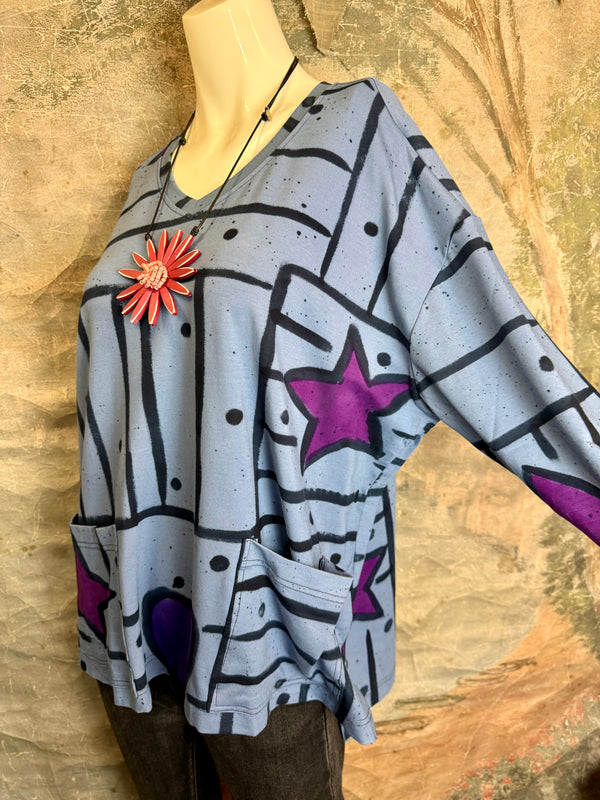 PA1807 Thea L/Slv PopArt Top-DENIM BLUE