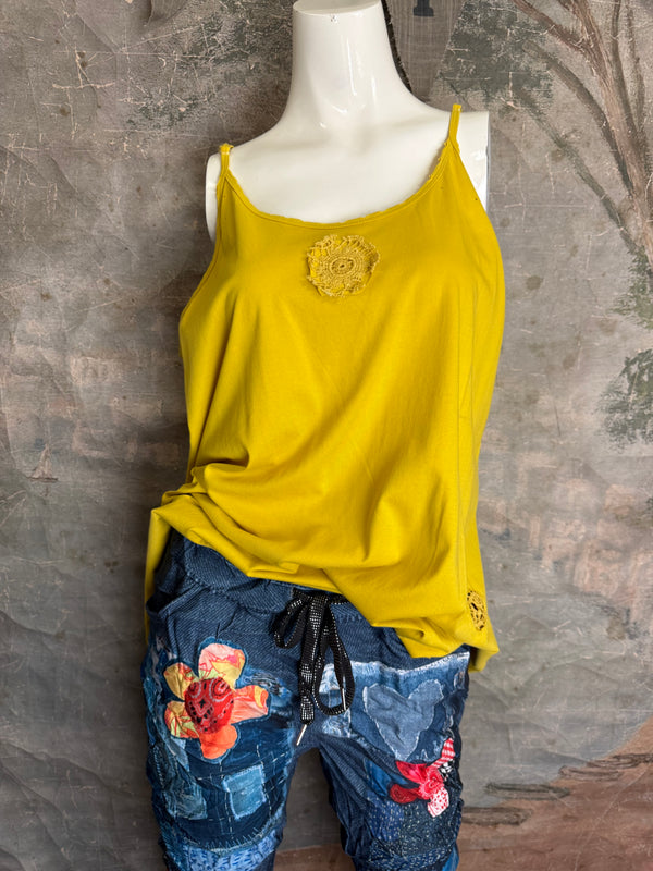 PL-RE110 Raw Lace Cami Tank-Sunshine Yellow