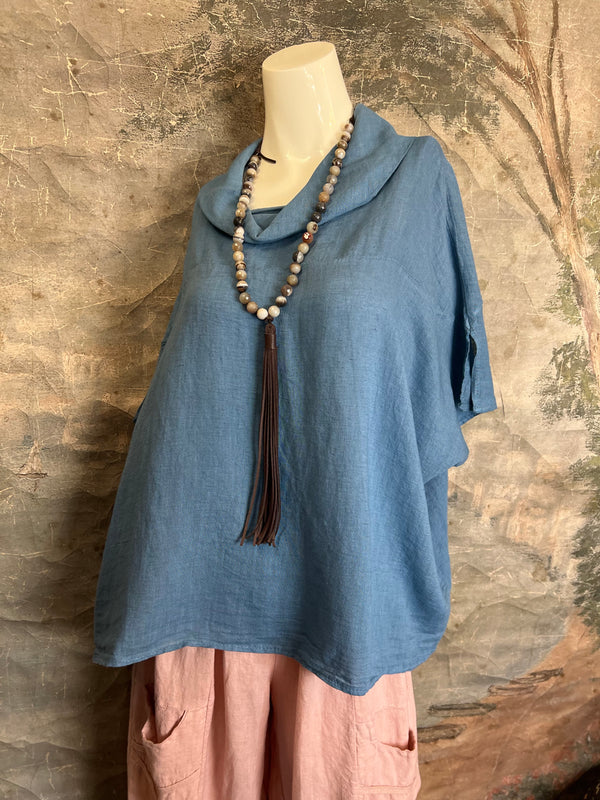 6250 Linen Cowl Neck Boxy Top-Denim