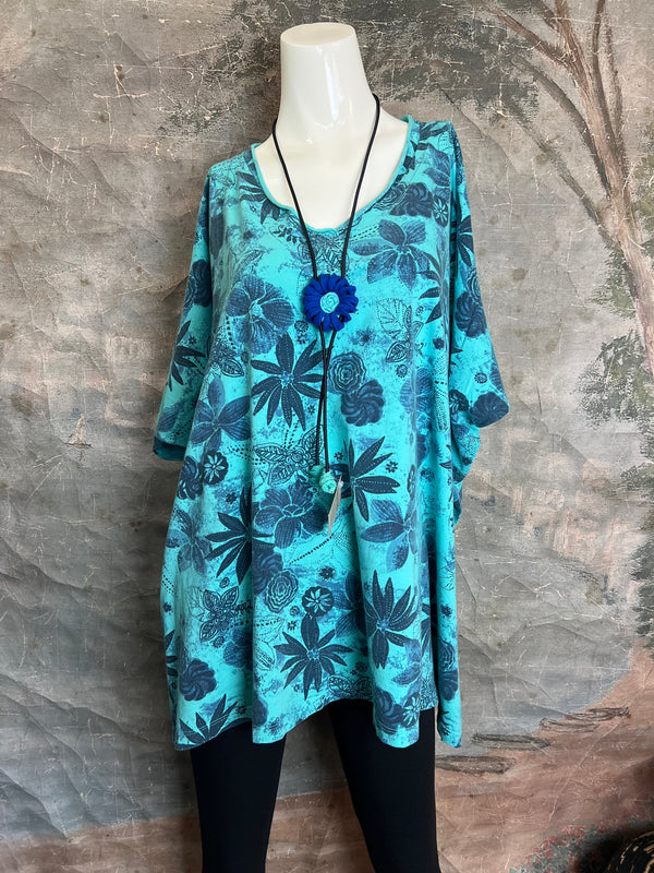 ID715 Floral Elbow Tunic Tshirt-Azure