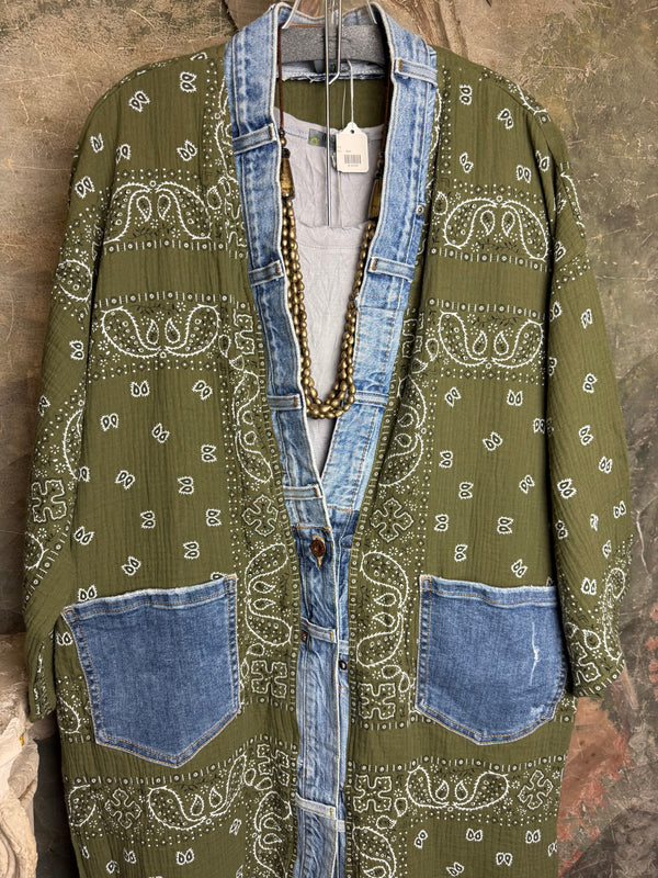 Olive bandana paisley print long kimono cardigan with light blue denim trim and front patch pockets - 3