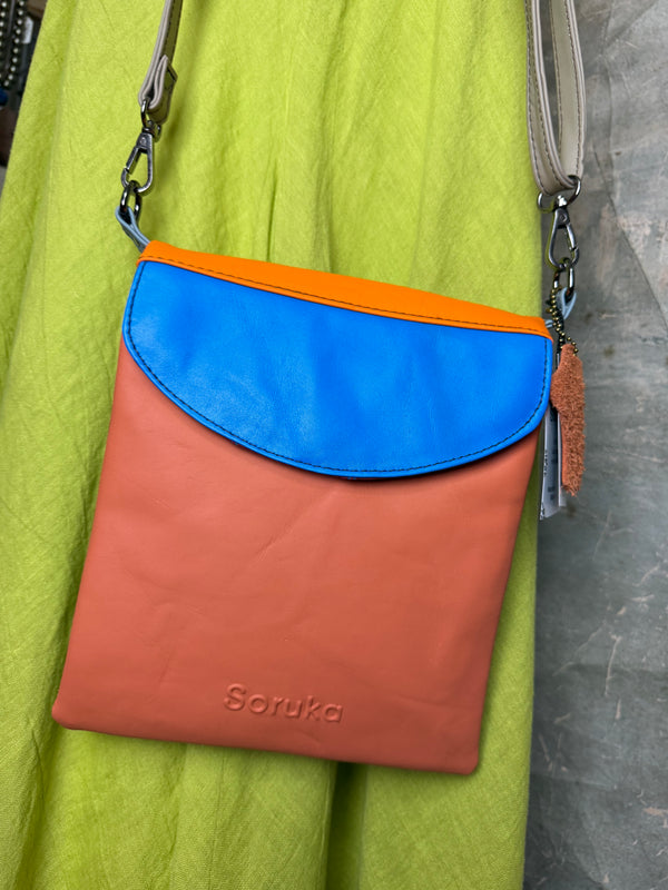 Soruka burgundy leather crossbody bag with orange trim and silver zipper, colorblock mini purse with chain strap - 11