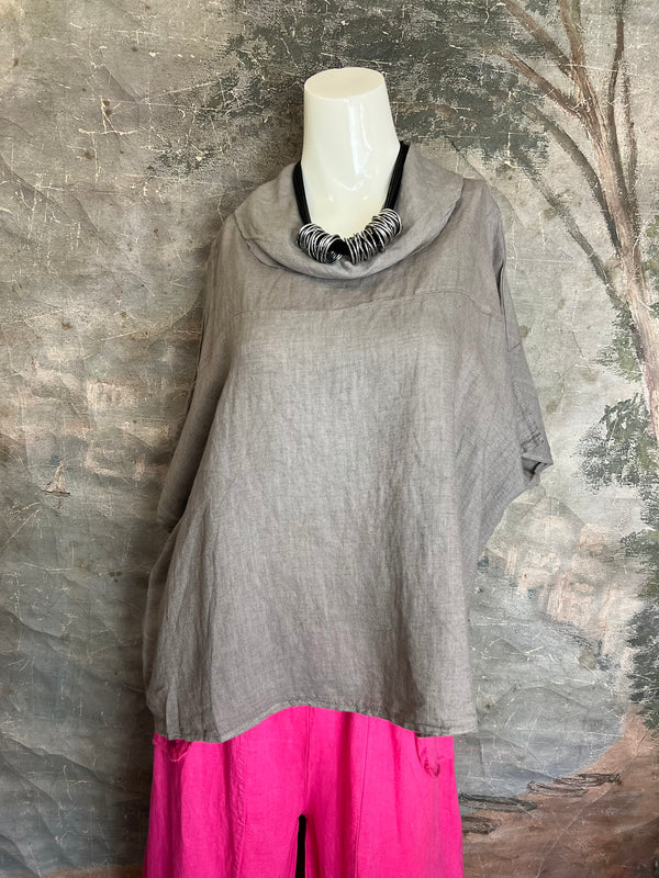 6250 Linen Cowl Neck Boxy Top-Taupe
