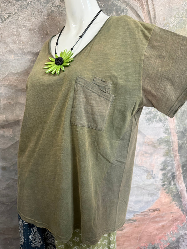 JG- Moon Dance V-Neck Tee-Vintage Moss