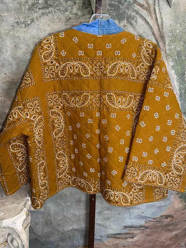 Shannon Passero golden brown quilted bandana print kimono jacket with denim trim and pockets, style 5889 KAI - 5