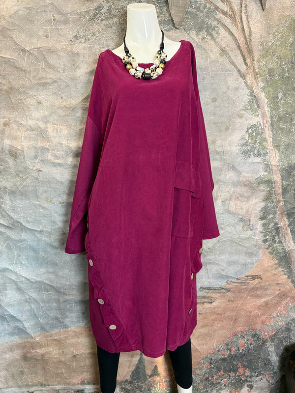 91805 Corduroy Button Dress-Burgundy