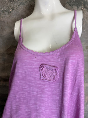 Lilac spaghetti strap cami tank top with raw lace appliqué detail, flowy A-line silhouette on mannequin - 2