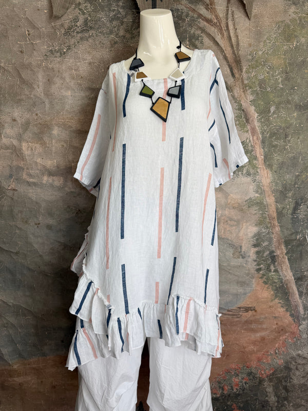 91307S Ruffle Stripe Tunic-White
