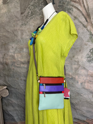 Soruka Maya multicolor leather crossbody bag with red, purple, and mint panels, dual zippers, adjustable strap - 2