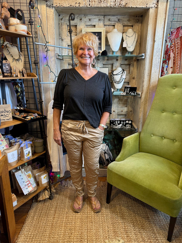 0A910 Pull On Stretch Pants-SHINNY/GOLD