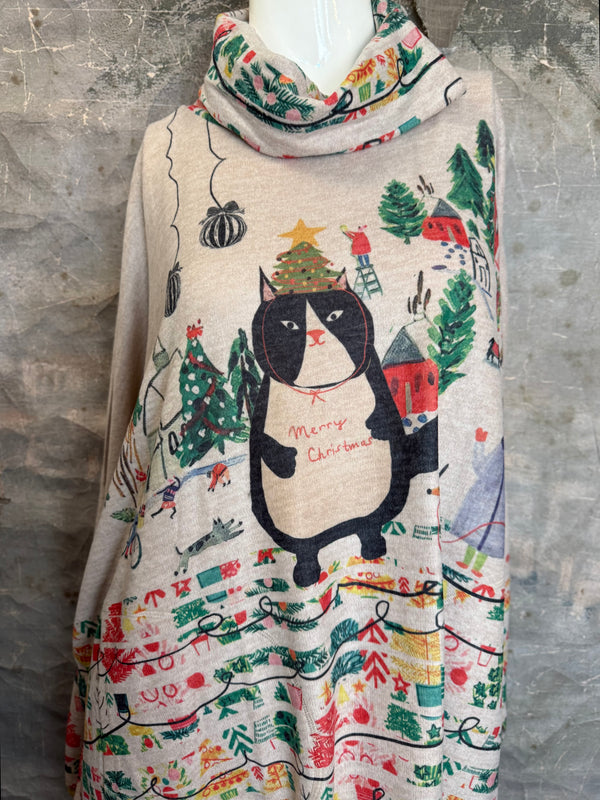 T1097 Cowlneck Dolman Slv Top-Howliday Greetings