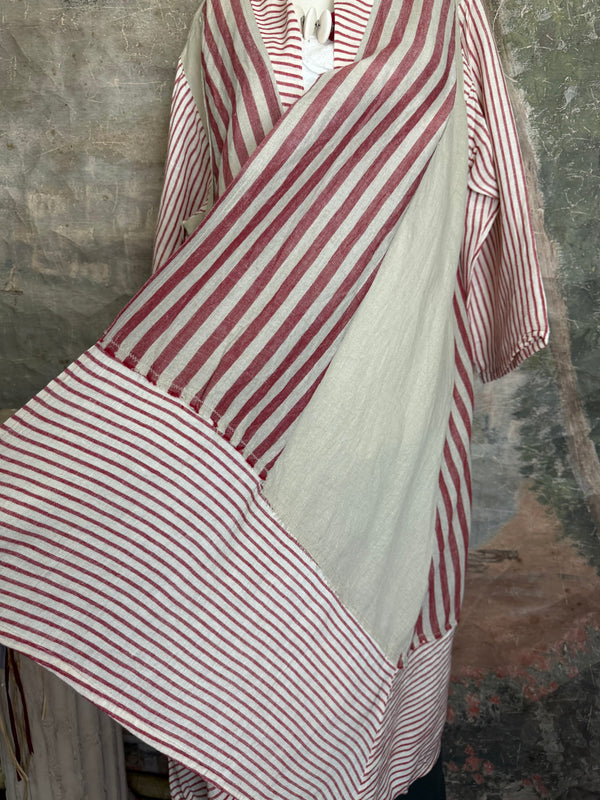 Magnolia Pearl linen duster with red stripe panels and LOVE appliqué on back, bohemian oversized fit - 6