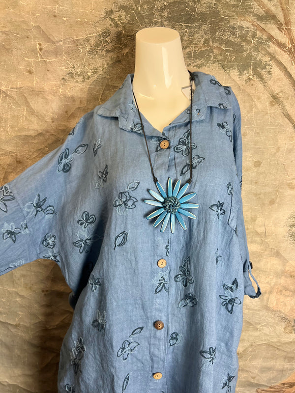 91849 ART Spring Motif BF Shirt-DENIM BLUE