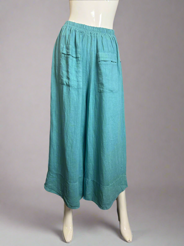 3248 Linen Button Detail Pants-Sea Blue