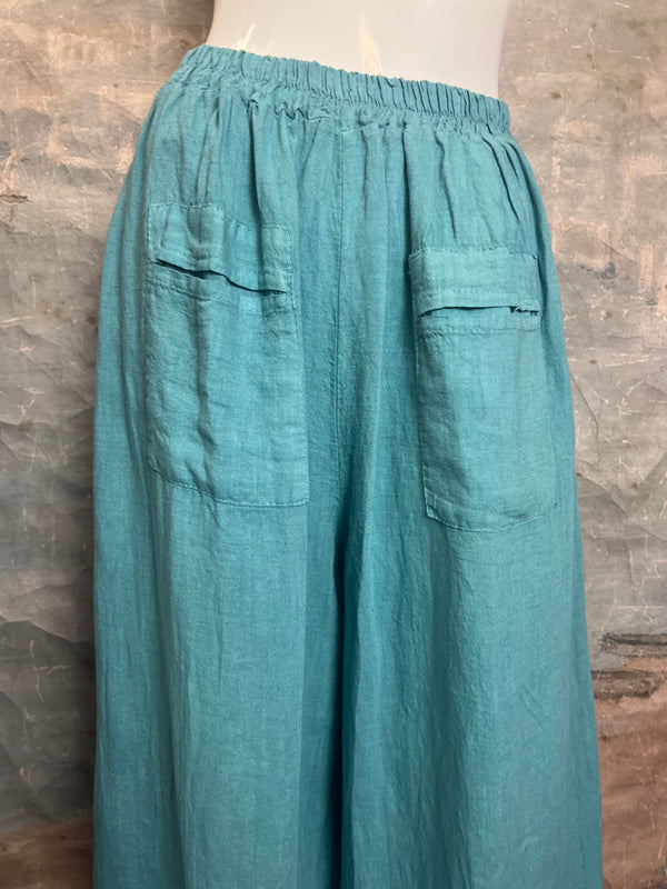 3248 Linen Button Detail Pants-Sea Blue