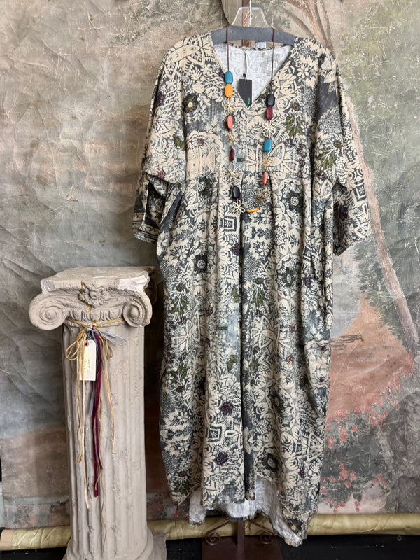 Grey combo floral batik print maxi dress with colorful beaded necklace displayed on hanger, boho boutique style DYM62523 - 11
