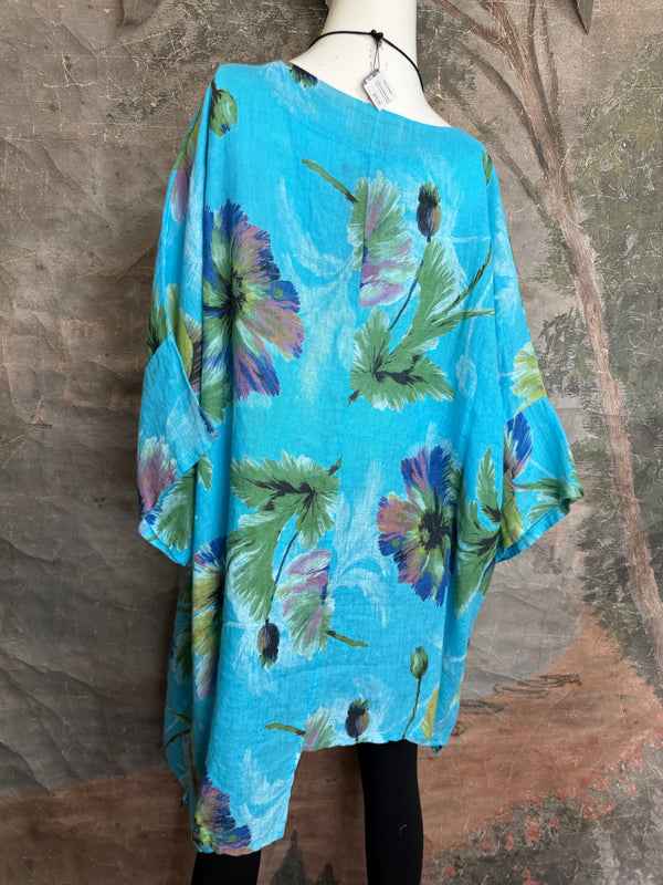 91225 Flower Garden Linen Top-Turq