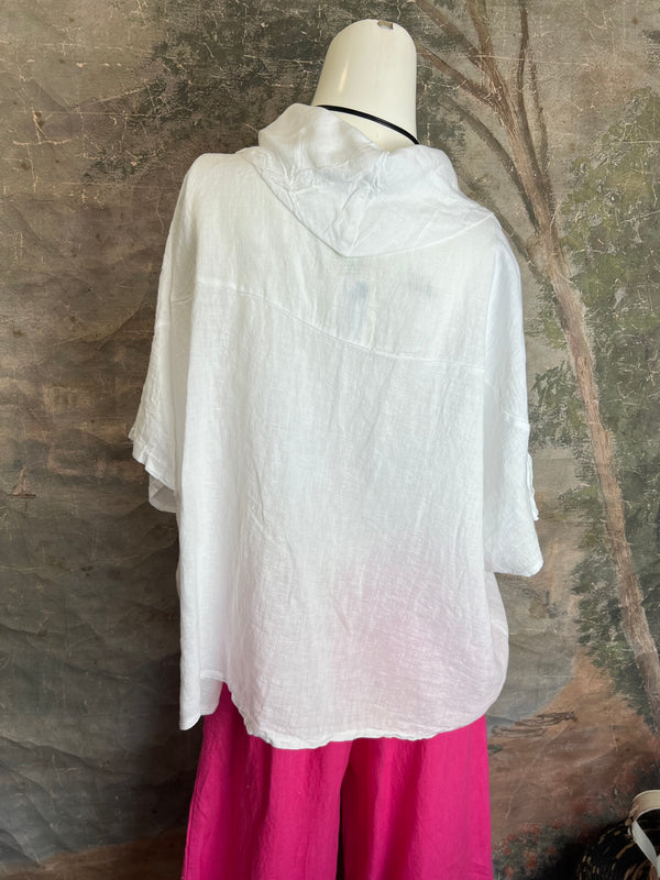6250 Linen Cowl Neck Boxy Top-White