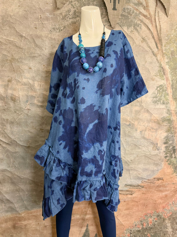91307T-62 Ruffle Tie-Dye Tunic-Blue