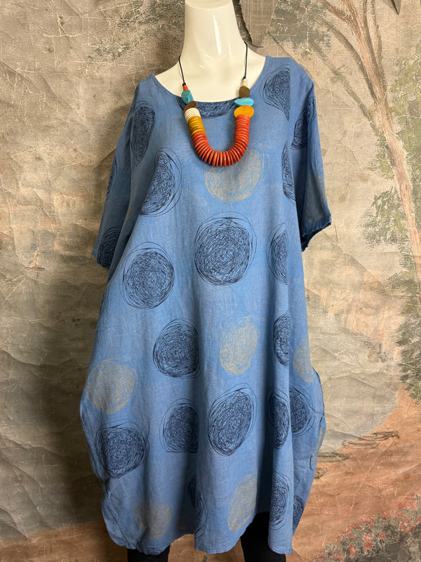 91311A Circles Drawstring Dress-Blue