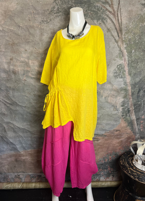 30336 Rusched Uneven Hem Top-Yellow